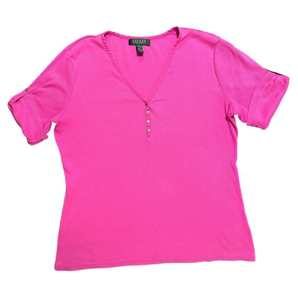 LAUREN RALPH LAUREN KNIT PINK RIBBED V NECK SHIRT PETITE SIZE LARGE - Picture 1 of 6